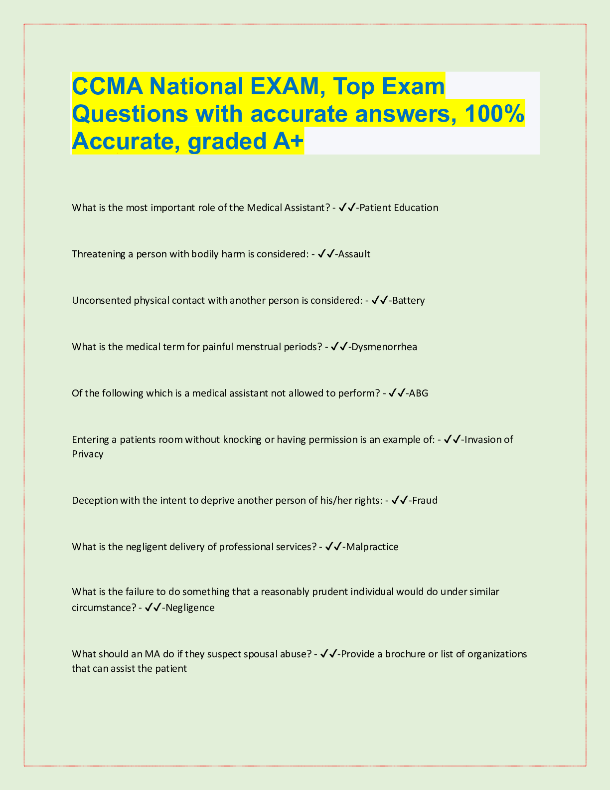 Preview image for CCMA National EXAM, Top Exam  Questions with accurate answers, 100%  Accurate, graded A+
